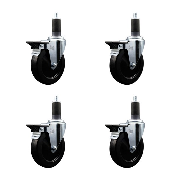 5'' Soft Rubber Swivel 1-1/4'' Expanding Stem Caster Set with Brake, 4PK